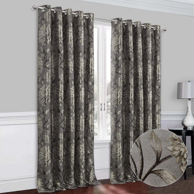 Elanie Metallic Floral Jacquard Lined Eyelet Curtains for Bedroom or Living Room - Measures 168 x 137cm, Pewter