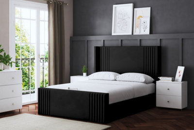 Elara Winged Black Panel Bed with Headboard