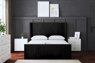 Elara Winged Black Panel Bed with Headboard