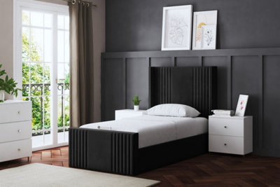 Elara Winged Black Panel Bed with Headboard