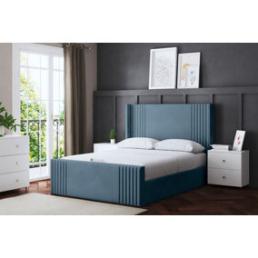 Elara Winged Metallic Blue Panel Bed with Headboard