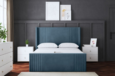 Elara Winged Metallic Blue Panel Bed with Headboard