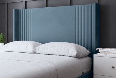 Elara Winged Metallic Blue Panel Bed with Headboard