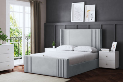 Elara Winged Silver Panel Bed with Headboard King