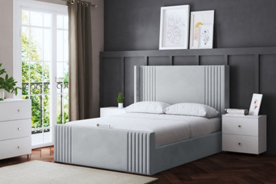 Elara Winged Silver Panel Bed with Headboard