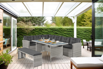 Elba 8 Seater Rattan Corner Modular Garden Sofa, Bench & Dining Table Set With Rain Cover