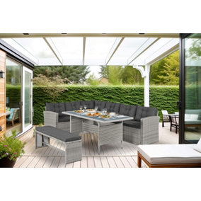 Elba 8 Seater Rattan Corner Modular Garden Sofa, Bench & Dining Table Set With Rain Cover