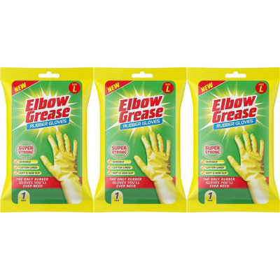 Elbow Grease Rubber Gloves Cotton Lined Extra Strong Non-Slip Size Large (Pack of 3)