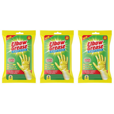 Elbow Grease Rubber Gloves Cotton Lined Extra Strong Non-Slip Yellow Medium (Pack of 3)