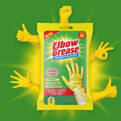 Elbow Grease Rubber Gloves Cotton Lined Extra Strong Non-Slip Yellow Medium (Pack of 3)