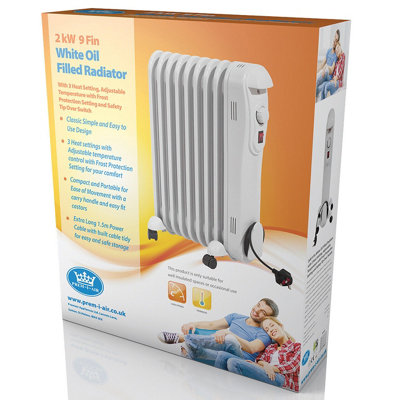 Electric 9 Fin 2kW Oil Filled Radiator - Portable Heater with 3 Heat Settings, Adjustable Thermostat & Overheat Safety Cut Out