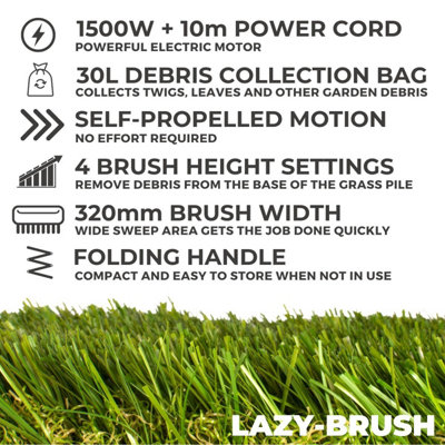 Electric Artificial Grass Brush Sweeper - Compact, Height Adjustable, 10m Cable, Large Collection Bag