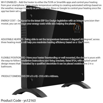 Electric Black Glass Panel Heater - 1000W Smart Wi-Fi Wall Moutned Radiator