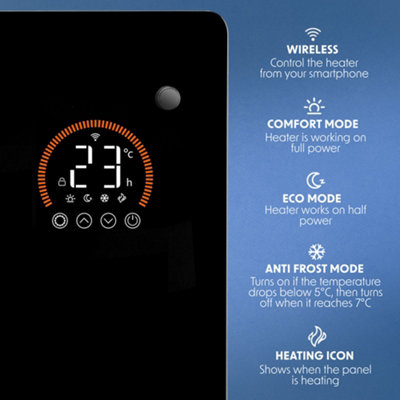 Electric Black Glass Panel Heater - 1000W Smart Wi-Fi Wall Moutned Radiator