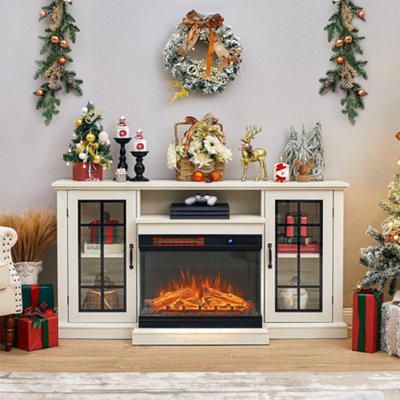 Electric Fire Suite 3 Sided Fireplace Heater with Fire Surround Set Fireplace TV Stand Cabinet with Storage Shelf