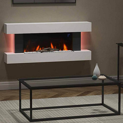 Electric Fire Suite Black Fireplace with White LED Surround Set Remote WiFi Control Left Side Nightlight 52 Inch