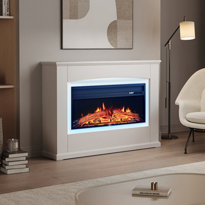 Electric Fire Suite Black Fireplace with White Surround Set 7 LED Mood ...