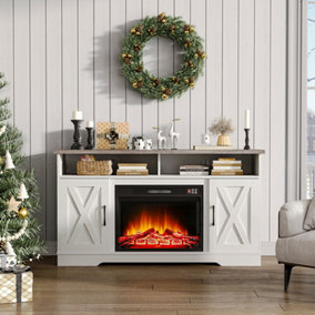 Electric Fire Suite Black Fireplace with White TV Stand Surround Set with Timer and Remote Control Fire Size 24 Inch