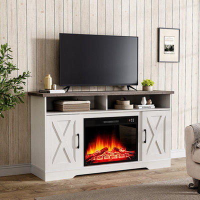 Electric Fire Suite Black Fireplace with White TV Stand Surround Set with Timer and Remote Control Fire Size 24 Inch