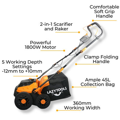 Electric Lawn Scarifier & Raker 2 in 1, 1800W, 36cm Working Width, 5 ...