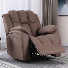 Electric Powered Recliner Chair with USB Charger and Pocket Storage in Leather-Look Mocha Technology Fabric