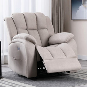 Electric Powered Recliner Chair With USB Charger And Pocket Storage In Leather-Look Pumice Technology Fabric