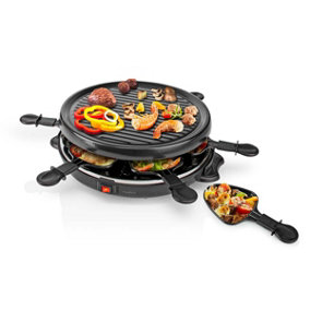 Electric Raclette Grill, 6 Person, Non-Stick Round Hot Plate, with 6 x Mini Cheese Pans & Spatulas