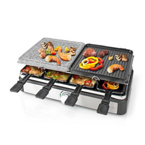 Electric Raclette Stone Grill, 8 Person, Non-Stick Hot Plate, Adjustable Temperature, with 8 x Mini Cheese Pans & Spatulas