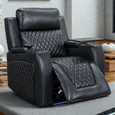 Electric Recliner Chair & Cinema Seat with Massage and Chilled Cup Holders  in Black Leather Aire - Venice Series One