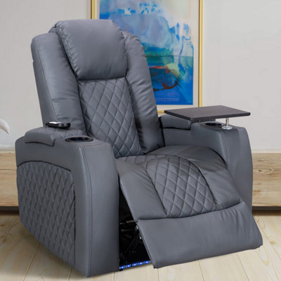 Electric Recliner Chair & Cinema Seat with Table and USB Ports in Grey Leather Aire - Pavia