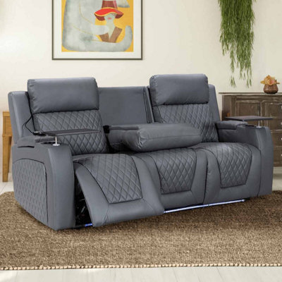 Electric Reclining Cinema 3 Seater Sofa with Massage and Cooling Cup Holders in Grey Leather - Venice Series Two