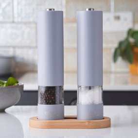 Electric Salt and Pepper Mill Grinder Set Shaker Automatic with Stand Matt Grey
