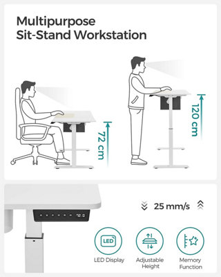 Electric Standing Desk, Height Adjustable Desk, 60 x 120 x (72-120) cm, Continuous Adjustment, Spliced Tabletop, 4 Memory Height