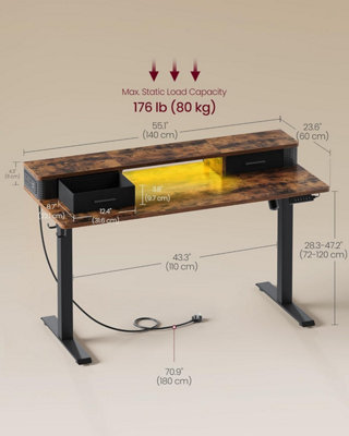 Electric Standing Desk with Built-In Power Strip, 60 x 140 x (72-120 ...