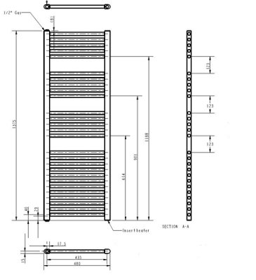 Electric Vertical Round Towel Rail with 27 Rails - 1375mm x 480mm - 500 Watt - Chrome - Balterley