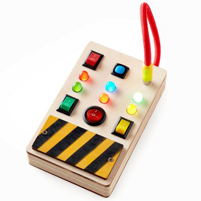 Electronic Busy Board with Switch Box - Montessori Kids Activity Board - Wooden Spaceship Control Panel & Colored LED Switches