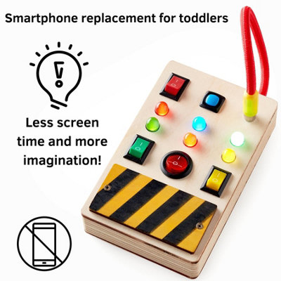 Electronic Busy Board with Switch Box - Montessori Kids Activity Board - Wooden Spaceship Control Panel & Colored LED Switches - 4