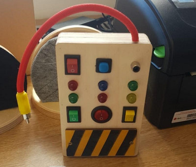 Electronic Busy Board with Switch Box - Montessori Kids Activity Board - Wooden Spaceship Control Panel & Colored LED Switches - 5
