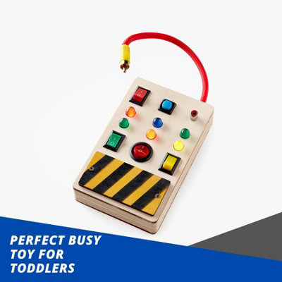 Electronic Busy Board with Switch Box - Montessori Kids Activity Board - Wooden Spaceship Control Panel & Colored LED Switches - 6