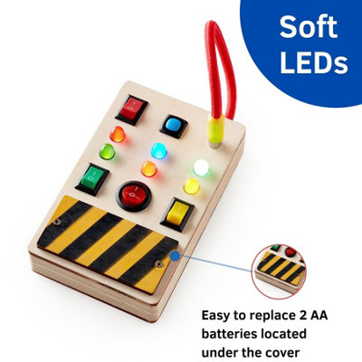 Electronic Busy Board with Switch Box - Montessori Kids Activity Board - Wooden Spaceship Control Panel & Colored LED Switches - 7