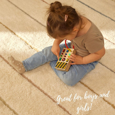 Electronic Busy Board with Switch Box - Montessori Kids Activity Board - Wooden Spaceship Control Panel & Colored LED Switches - 9