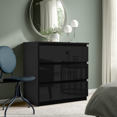 Elegance Gloss Black 3 Drawer Freestanding Wide Chest