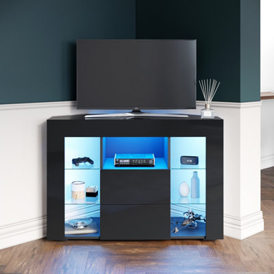 ELEGANT 100cm High Gloss Black Corner TV Stand with RGB LED Lighting ...