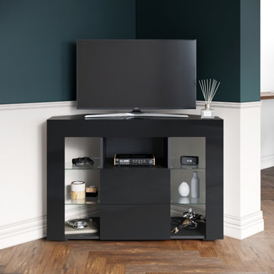 ELEGANT 100cm High Gloss Black Corner TV Stand with RGB LED Lighting ...