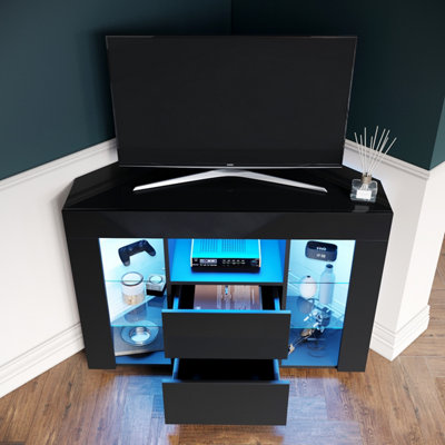 ELEGANT 100cm High Gloss Black Corner TV Stand with RGB LED Lighting ...
