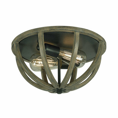 Elegant 2 Bulb Flush Mount Light in Weathered Oak and Antique Iron