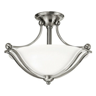 Elegant 2 Bulb Semi Flush Light with Bell Shaped Glass and Brushed Nickel Finish
