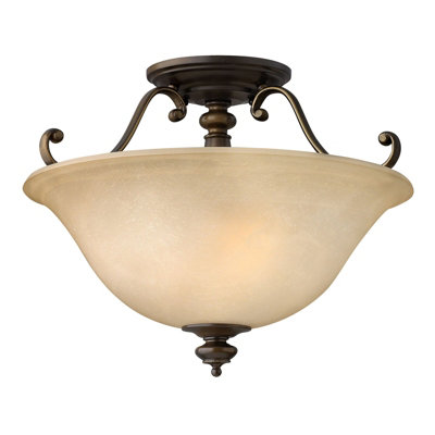 Elegant 2 Bulb Semi-Flush Light with Curved Arms and Glass Shade in Royal Bronze