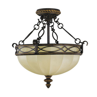 Elegant 2 Bulb Semi Flush Light with Faceted Glass and Walnut Finish - LED E27 100W