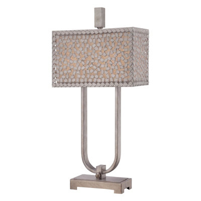 Elegant 2 Bulb Table Lamp with Off White Linen Shade and Old Silver Finish
